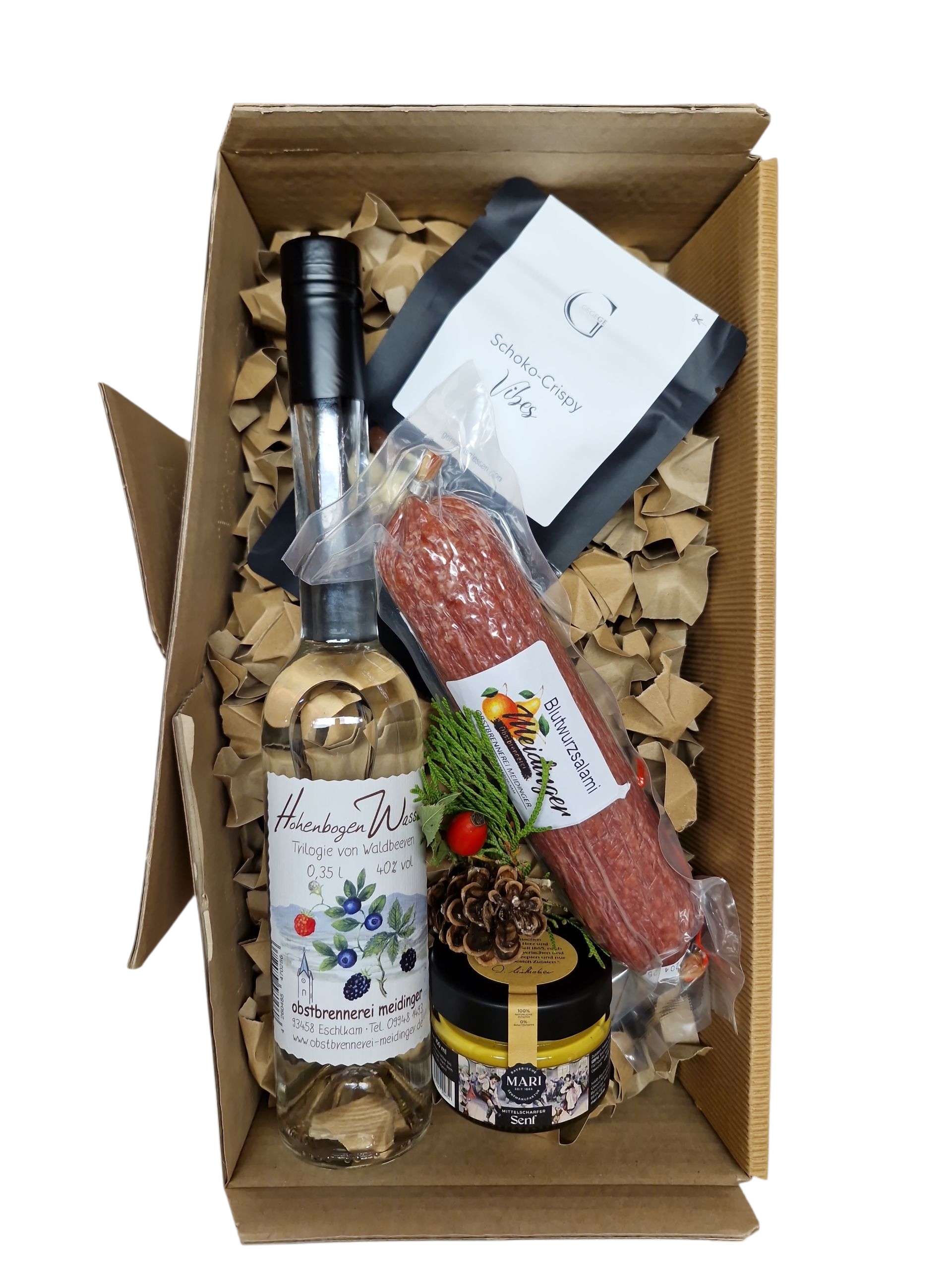 Waldbeerengeist mit Blutwurzsalami und Senf Box - weihnachtlich 