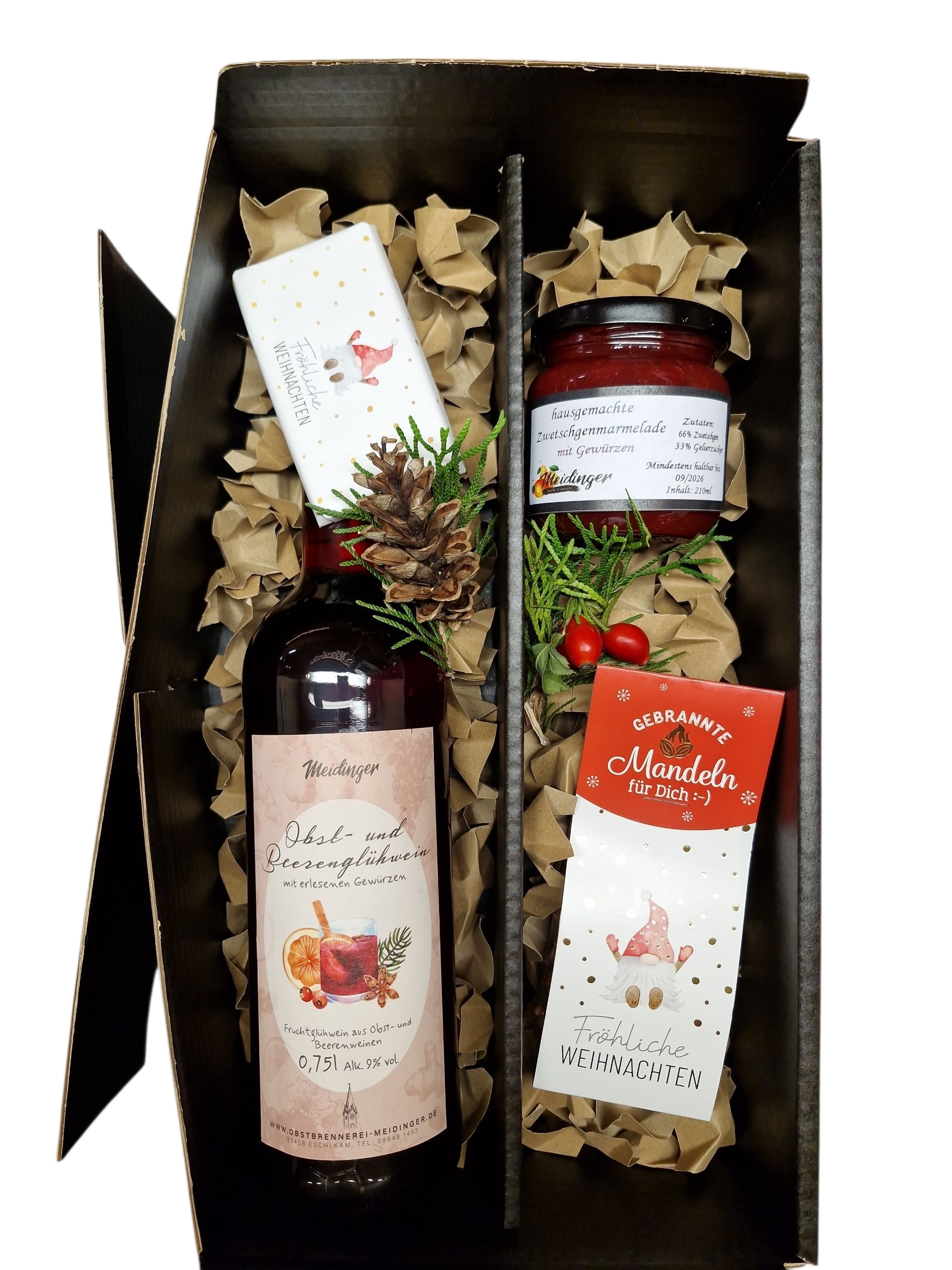 Glühweinbox mit gebrannten Mandeln + Schoki und hausgemachter Marmelade - weihnachtlich 