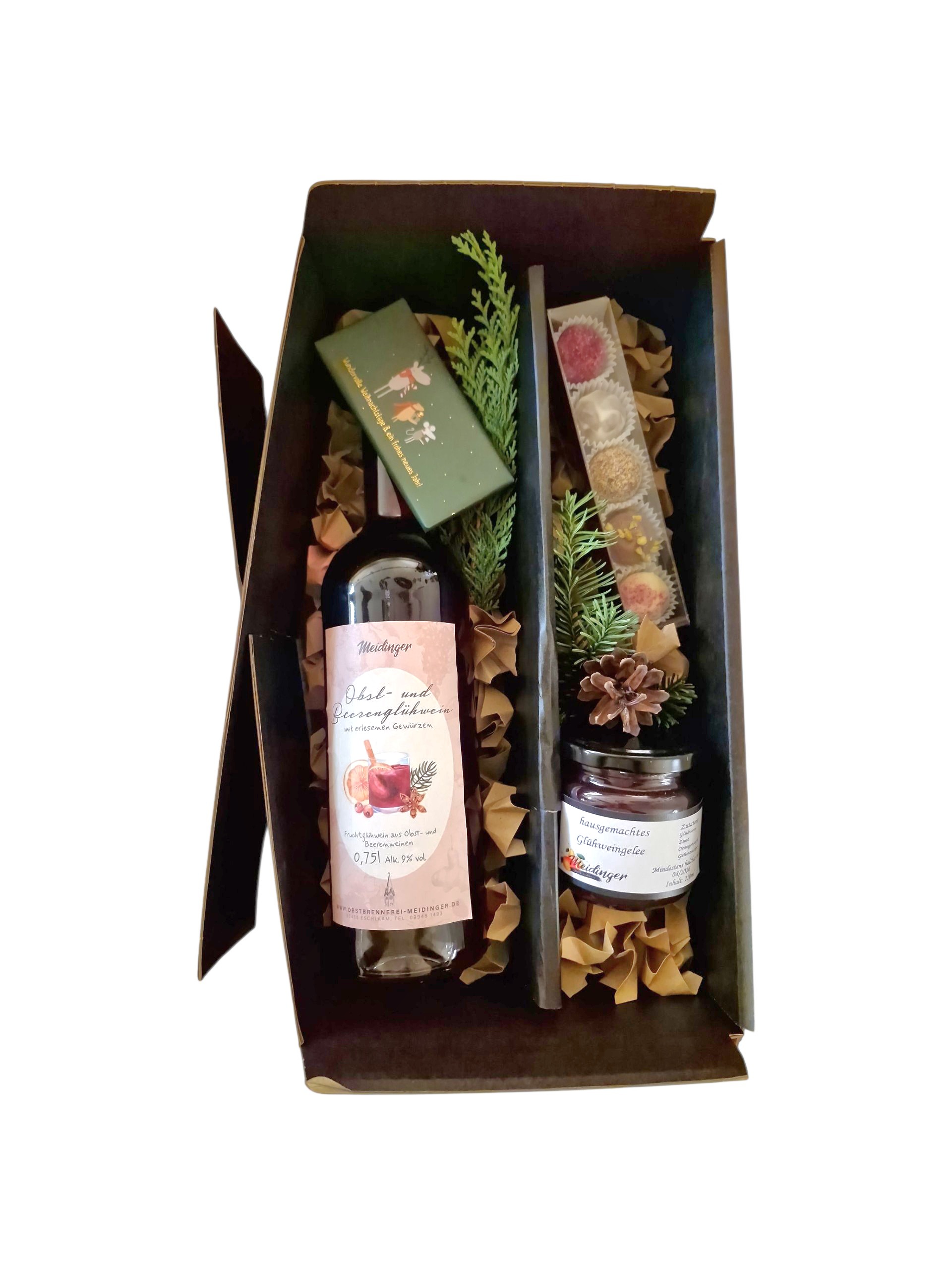 Glühweinbox mit Pralinen + Schoki und hausgemachter Marmelade